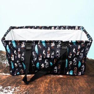 Black feather boho collapsible utility tote bag large double handle open top